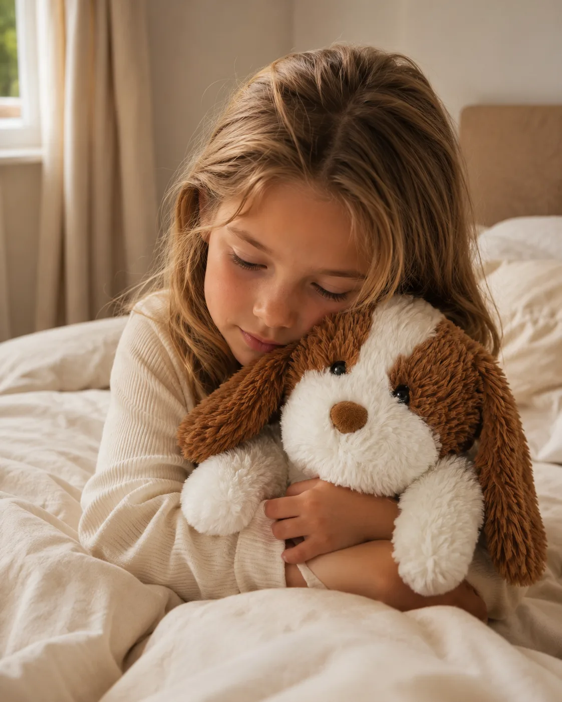 Kind ligt rustig in bed met de Kyendo RustHond, een zachte verzwaringsknuffel van 2 kg