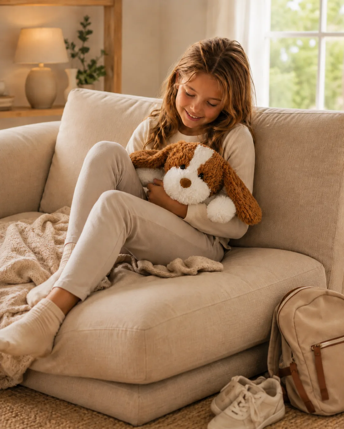 Kind houdt de Kyendo RustHond op schoot, zichtbaar formaat en gewicht