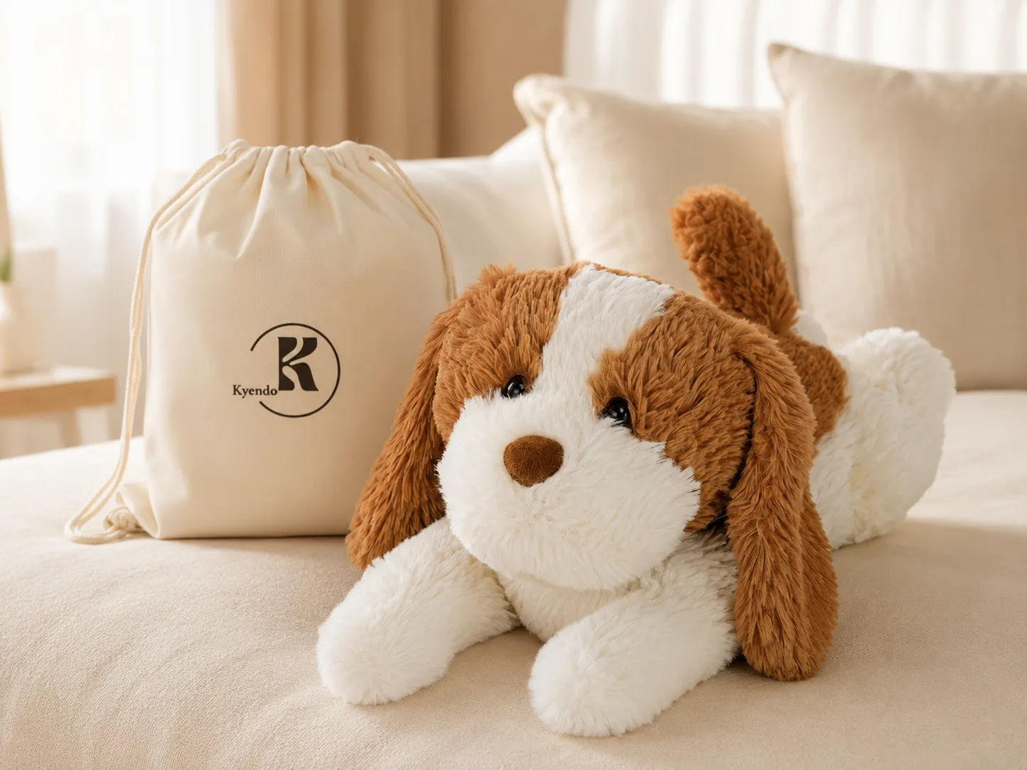 De Kyendo RustHond — zachte verzwaarde knuffel van 2 kg, met canvas rugtas
