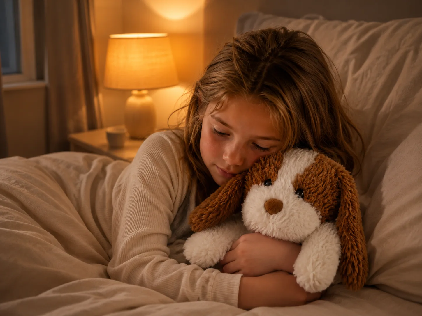 Kind slaapt vredig met de RustHond in bed