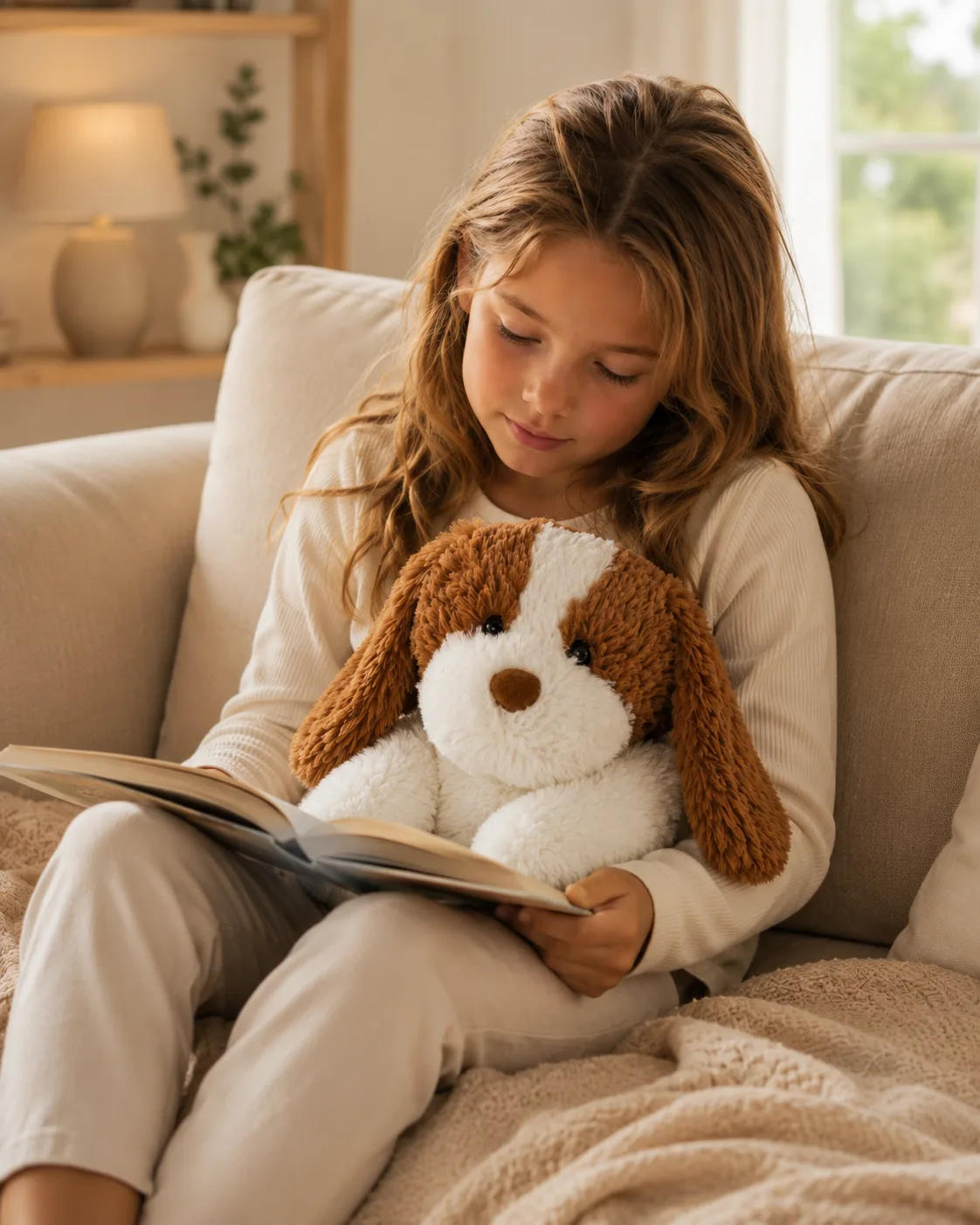 Kind leest een boek met de RustHond op schoot